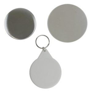 Components to make a 58mm keyring in a badge machine comprising metal front, white plastic back with keyring attachment and clear plastic film circle