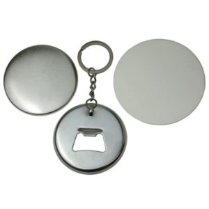 Components set to make 58mm bottle opener keyring including metal disc front, metal bottle opener back with keyring attachment and clear plastic film cover